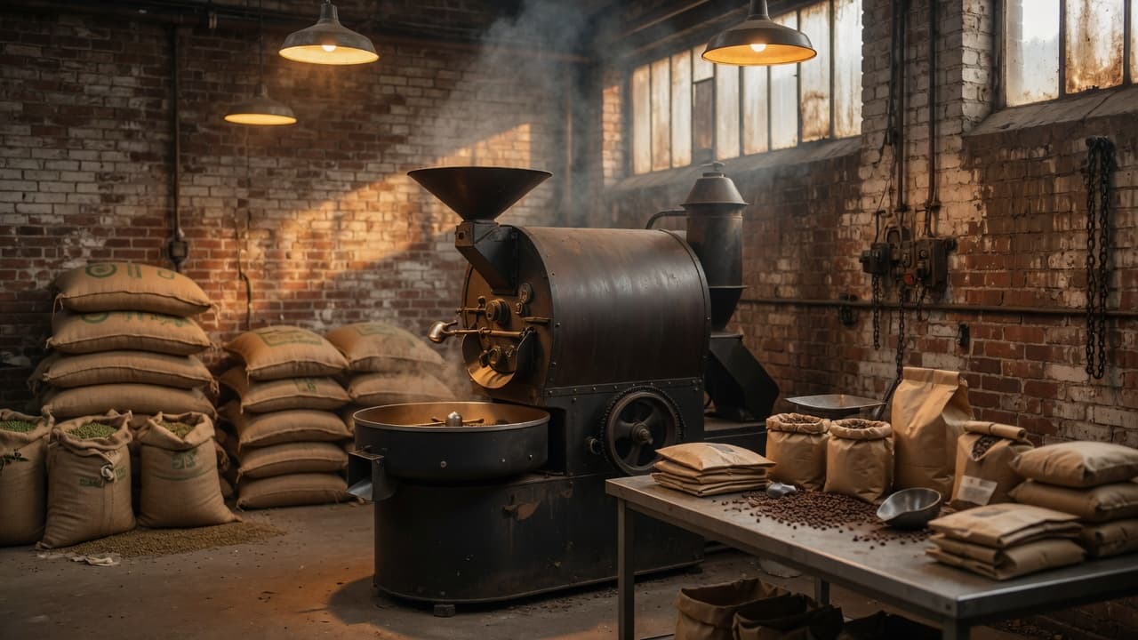 Cast-iron coffee roaster in a brick warehouse with burlap sacks