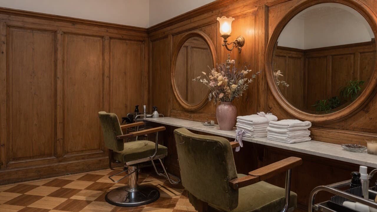 Empty salon chairs facing round mirrors in walnut millwork