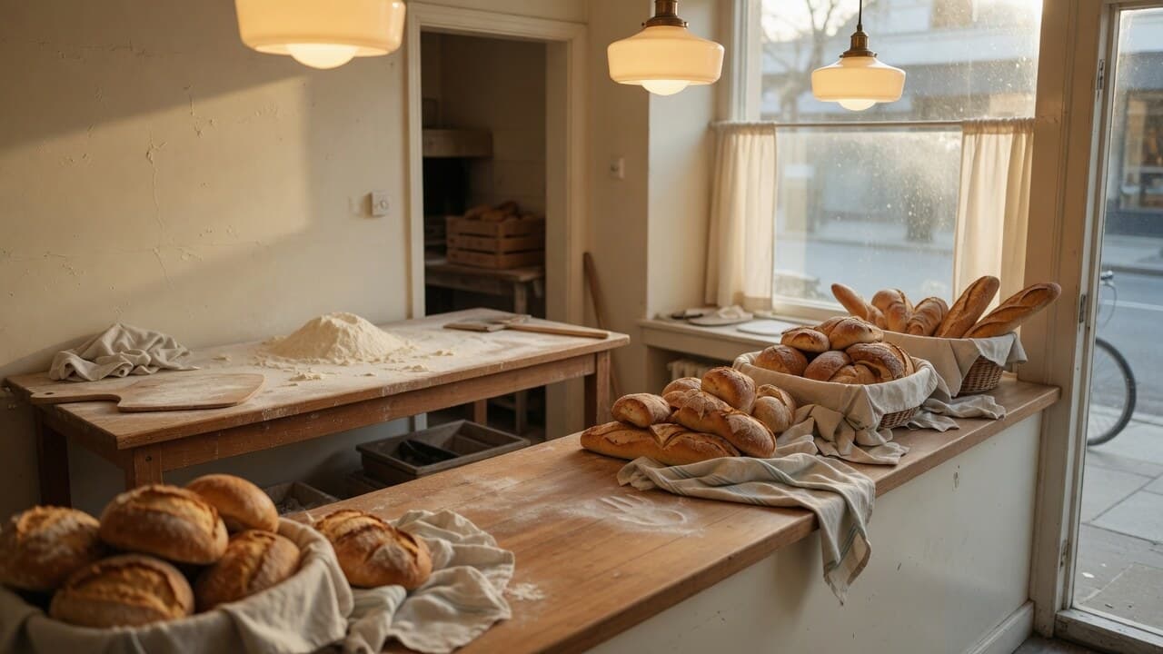 Bakery counter with bread in linen baskets and morning window light