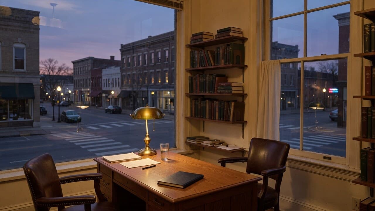 Oak desk and brass lamp in a downtown office at dusk